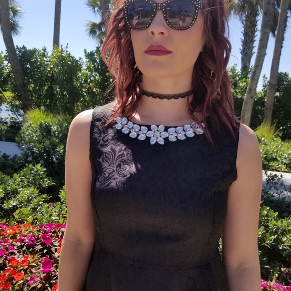 Black Fit & Flair Dress with Rhinestone Necklace - Picture 2 of 6